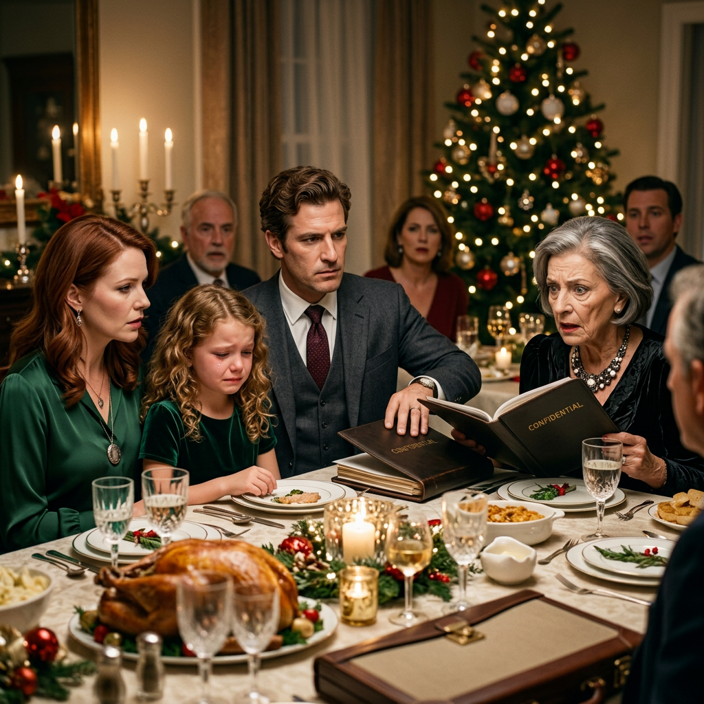 During Christmas dinner, my mother-in-law made a toast and said, “I’m proud of all my grandchildren—except one,” as she pointed at my 9-year-old. Laughter spread around the table. My daughter blinked back tears, but my husband stayed calm. Without saying a word, he set a thick folder in front of her. She smirked at first—until she opened it. Then her face went completely pale. And when he started reading the numbers out loud, Christmas was finished. – Story