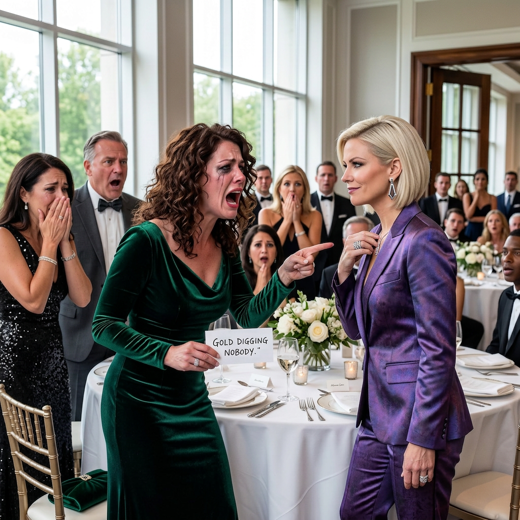 At my husband’s corporate gala, I found a place card waiting for me with two brutal words: “Gold digging nobody.” His boss laughed, her colleagues joined in, and everyone expected me to break in front of them. I didn’t. I simply walked away, and that silent decision changed everything that followed.