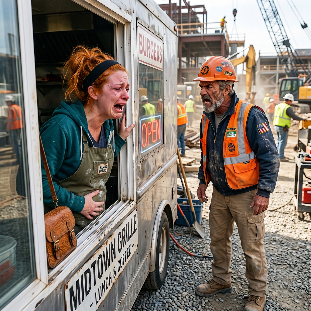 At a construction site, I stepped up to order coffee and suddenly recognized the food truck worker—eight months pregnant, trembling, and somehow my daughter-in-law. Through tears, she begged me not to tell him she was there. What she whispered next changed everything and left me standing there in stunned silence.