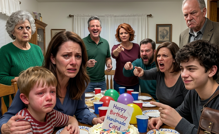 At my mom’s birthday, my nephew crumpled my son’s handmade card and tossed it into the cake. “Nobody likes his weirdo art,” he said. The table burst out laughing. Later that night, my dad texted, “Maybe skip Christmas. You’re bringing the mood down.” I replied, “I also skip your mortgage. Permanently.” By morning, I had 48 missed calls…
