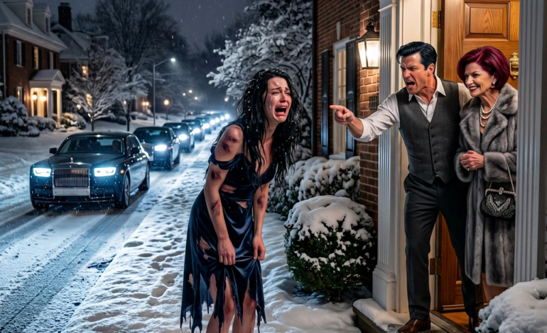 After my husband destroyed my clothes and pushed me outside into the winter cold, his mother mocked me with a cruel smile. I said nothing, made one quiet phone call, and 30 minutes later, 12 Rolls-Royces pulled up in front of their house.