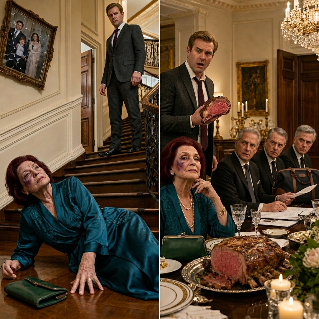 After my son pushed me down the stairs for refusing to pay his gambling debts, I didn’t shed a tear. The next afternoon, I roasted a prime rib, polished his late father’s crystal glasses, and set the dining room to perfection. He strutted in, grabbed a piece of meat with his bare hands, and laughed, “Good girl. Now go get my checkbook.” He stopped dead when the three men in suits turned around from the head of the table. They weren’t my friends; they were the estate lawyers, and they had just finished notarizing his complete disinheritance. – True Stories